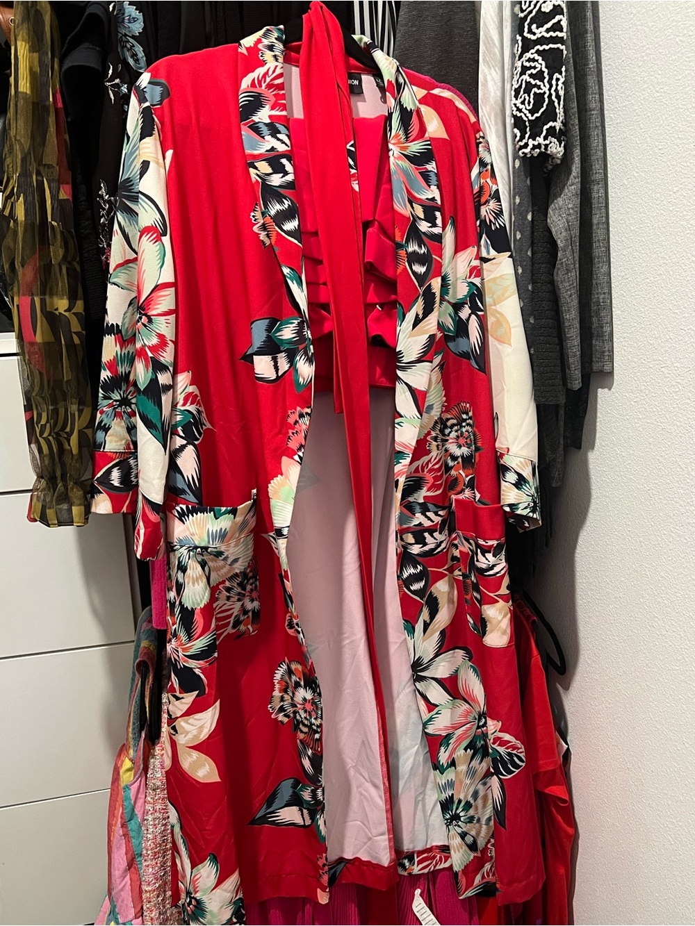 New York & Company Red Floral Duster Cardigan